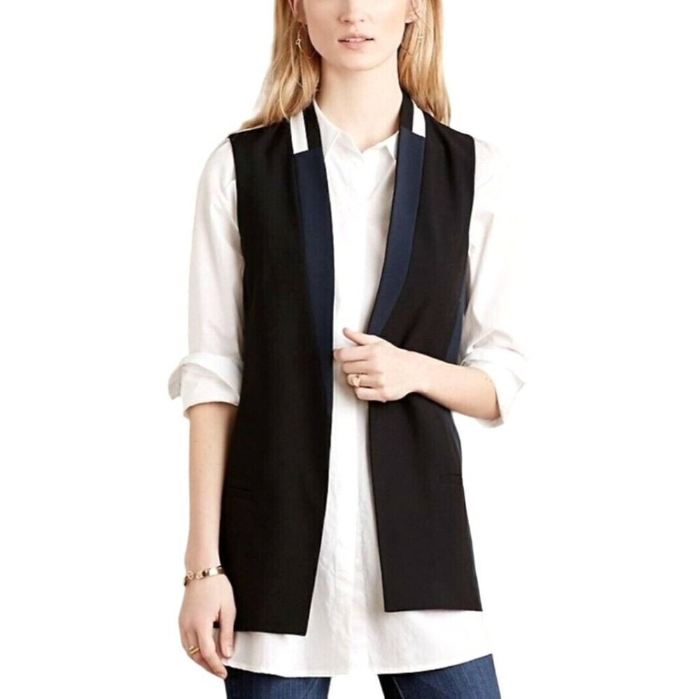 Elevenses Anthropologie Black Blue Ivory Color Block Open Front Deba Long Vest S